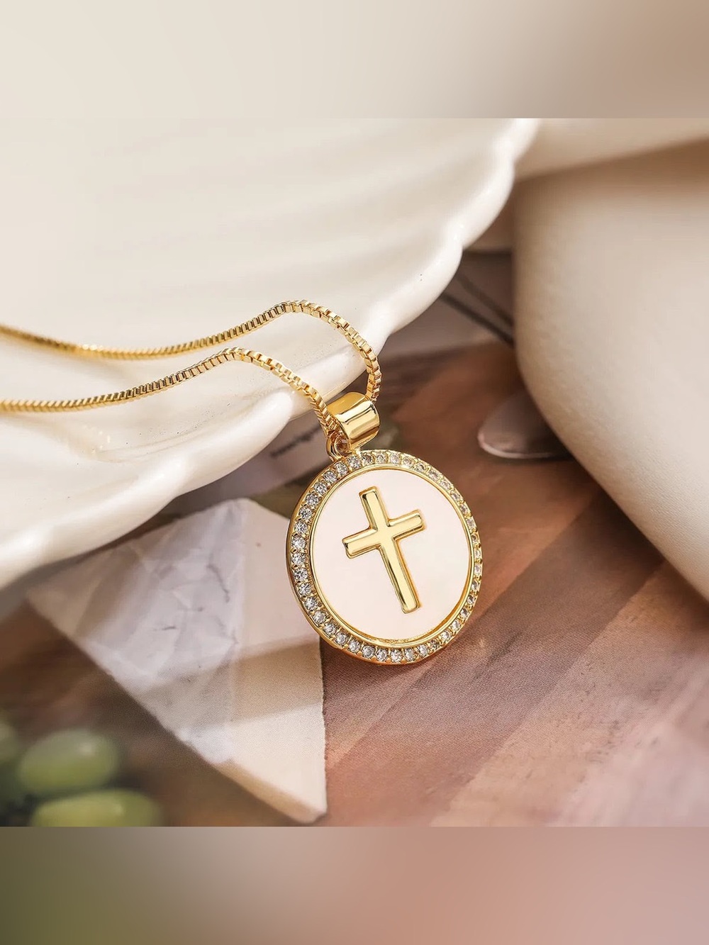 Gold Cross Circle Pendant Necklace with White Enamel